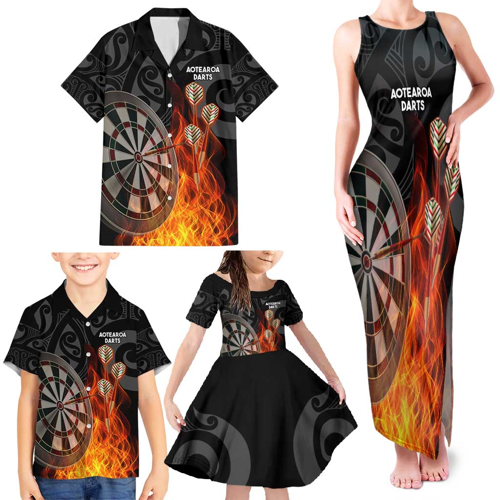 Personalised Aotearoa Darts Family Matching Tank Maxi Dress and Hawaiian Shirt Maori Koru Flaming Dartboard
