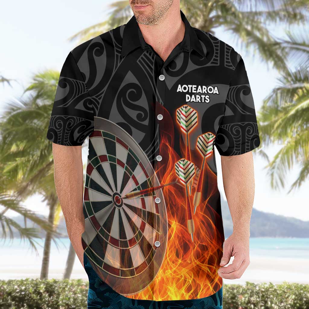 Personalised Aotearoa Darts Hawaiian Shirt Maori Koru Flaming Dartboard
