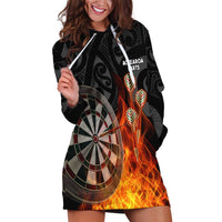 Personalised Aotearoa Darts Hoodie Dress Maori Koru Flaming Dartboard LT14 Black - Polynesian Pride
