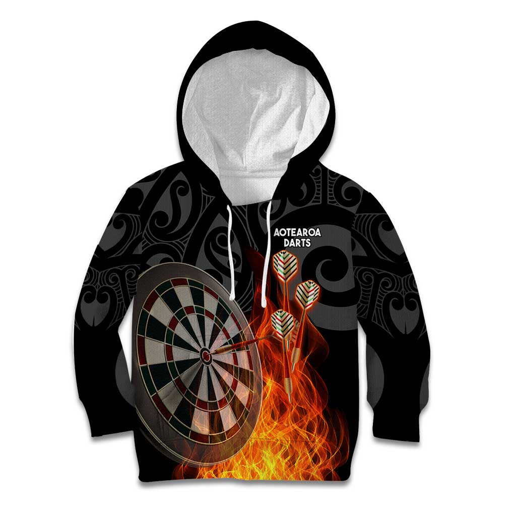 Personalised Aotearoa Darts Kid Hoodie Maori Koru Flaming Dartboard