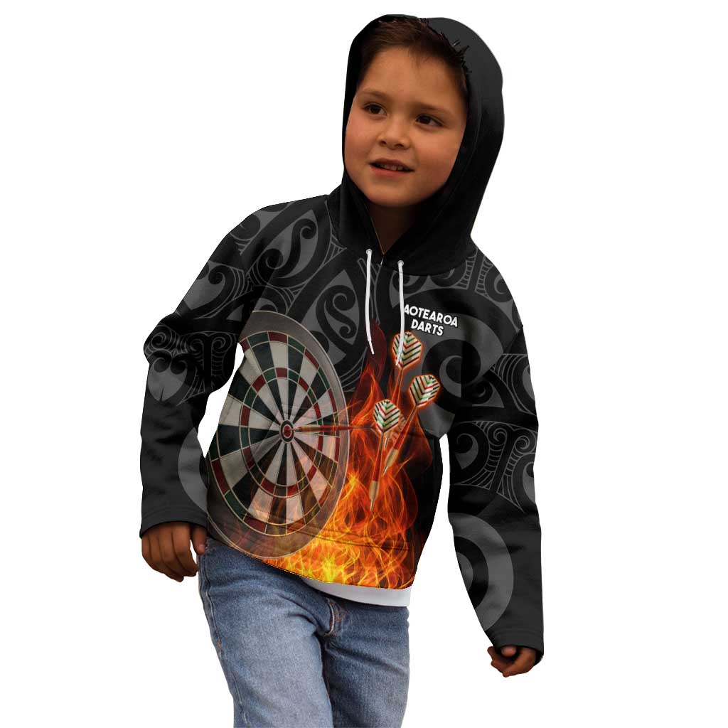 Personalised Aotearoa Darts Kid Hoodie Maori Koru Flaming Dartboard