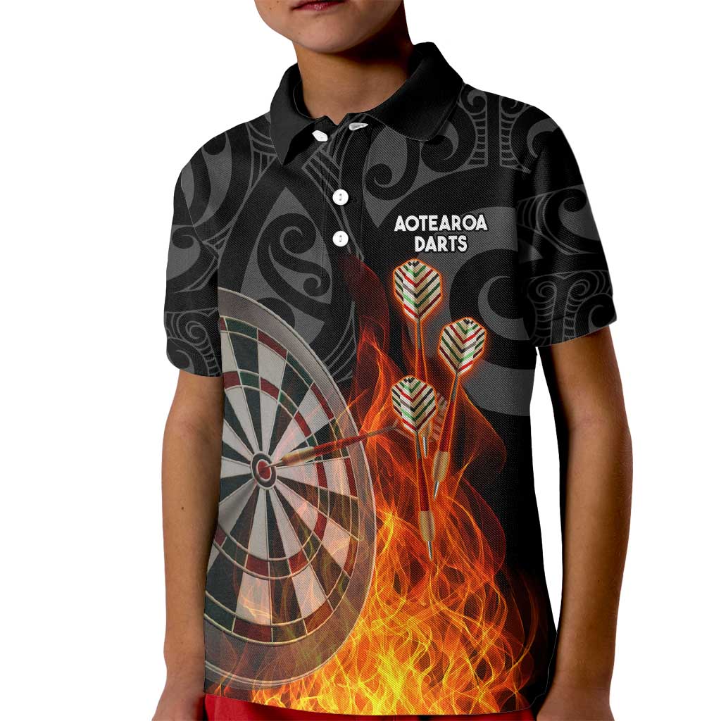 Personalised Aotearoa Darts Kid Polo Shirt Maori Koru Flaming Dartboard LT14 Kid Black - Polynesian Pride