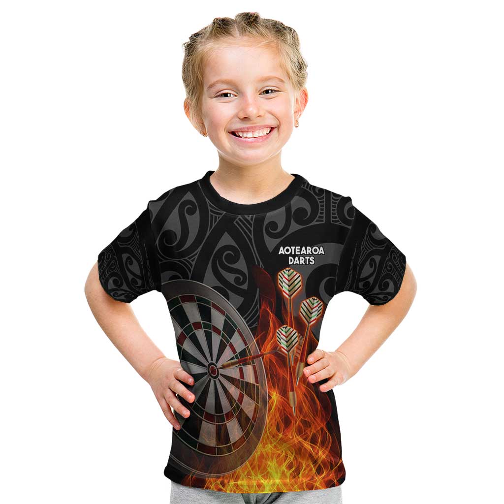 Personalised Aotearoa Darts Kid T Shirt Maori Koru Flaming Dartboard LT14 Black - Polynesian Pride