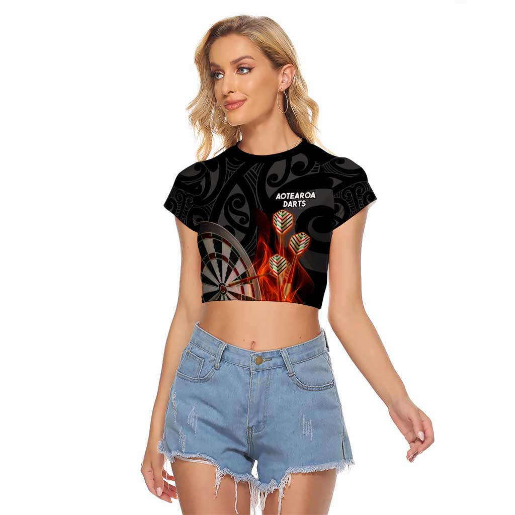 Personalised Aotearoa Darts Raglan Cropped T Shirt Maori Koru Flaming Dartboard LT14 Female Black - Polynesian Pride
