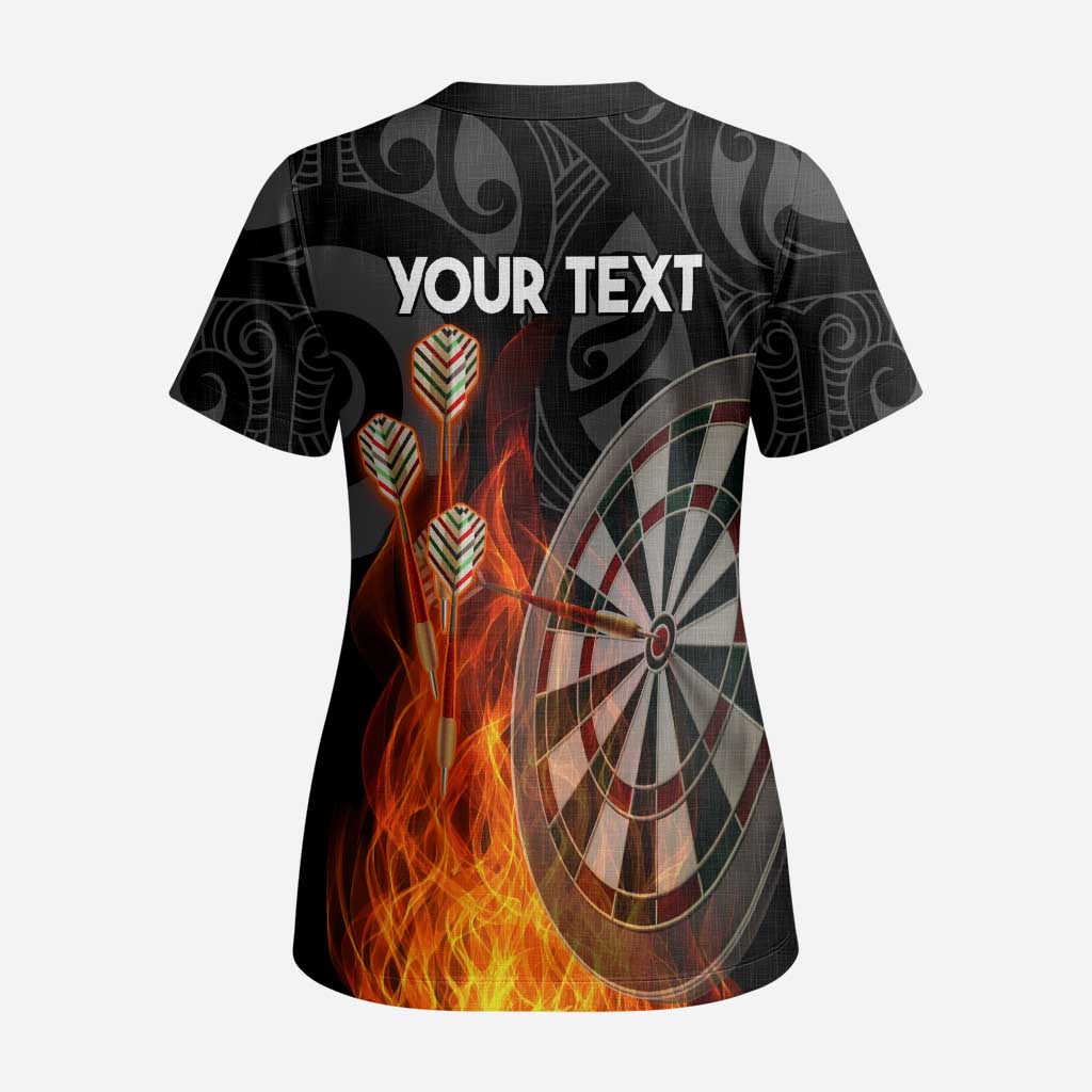 Personalised Aotearoa Darts Scrub Top Maori Koru Flaming Dartboard - Polynesian Pride