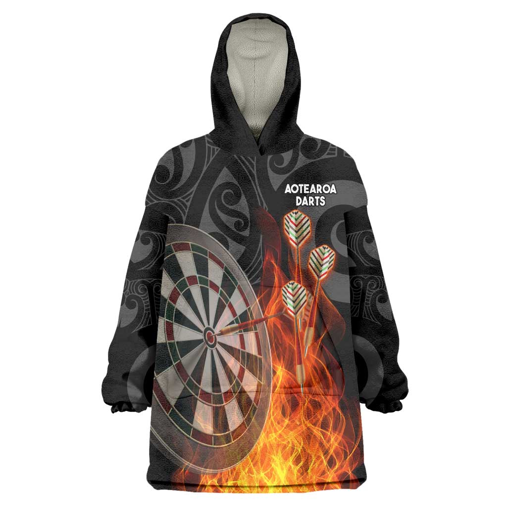 Personalised Aotearoa Darts Wearable Blanket Hoodie Maori Koru Flaming Dartboard LT14 One Size Black - Polynesian Pride