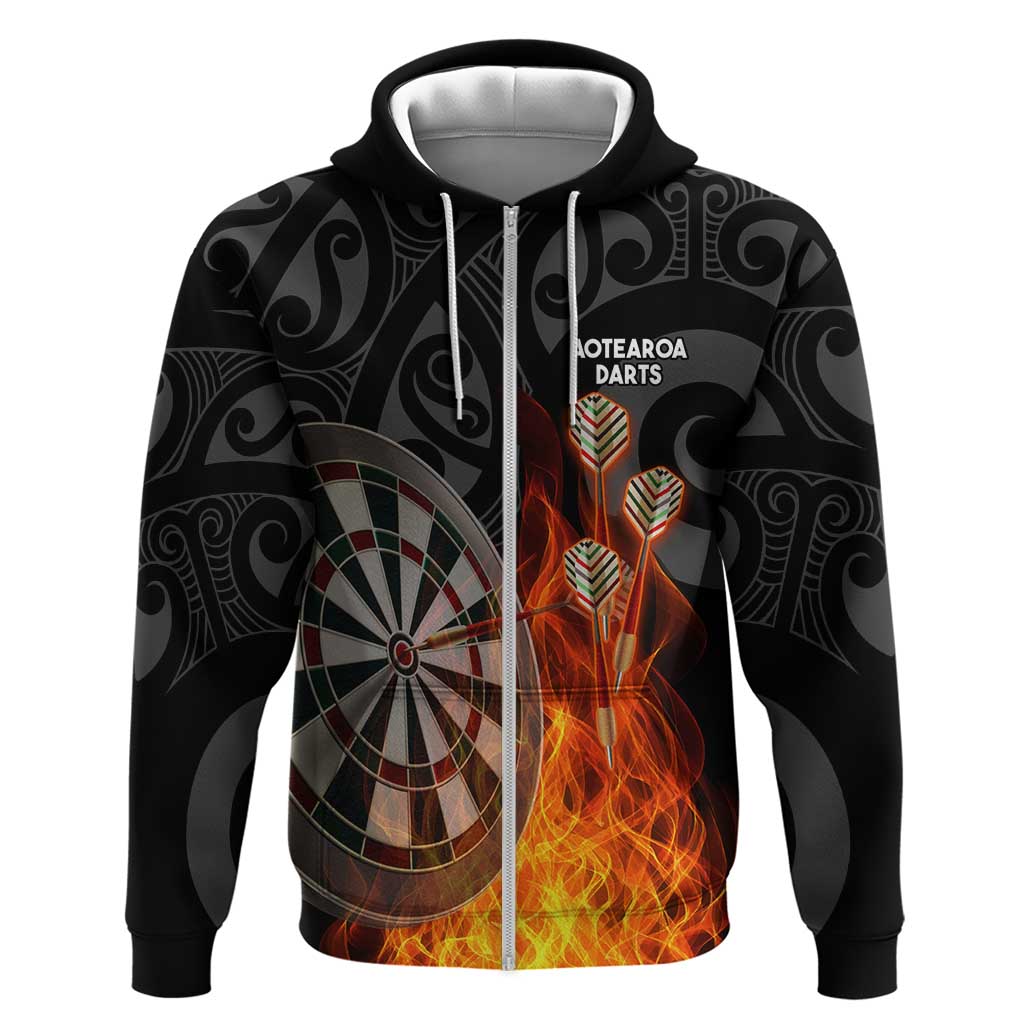 Personalised Aotearoa Darts Zip Hoodie Maori Koru Flaming Dartboard LT14 Zip Hoodie Black - Polynesian Pride