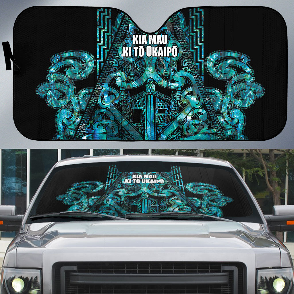 Maori Language Week Auto Sun Shade Kia Mau Ki To Ukaipo Paua Shell Color LT14 Turquoise - Polynesian Pride