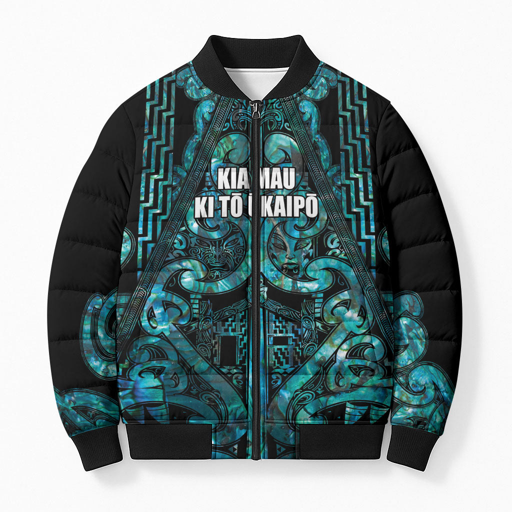 Maori Language Week Personalised Bomber Puffer Jacket Kia Mau Ki To Ukaipo Paua Shell Color LT14 Unisex Turquoise - Polynesian Pride