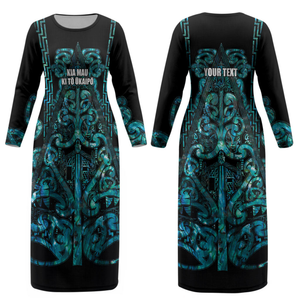 Maori Language Week Personalised Couples Matching Long Sleeve Bodycon Dress and Hawaiian Shirt Kia Mau Ki To Ukaipo Paua Shell Color LT14 - Polynesian Pride