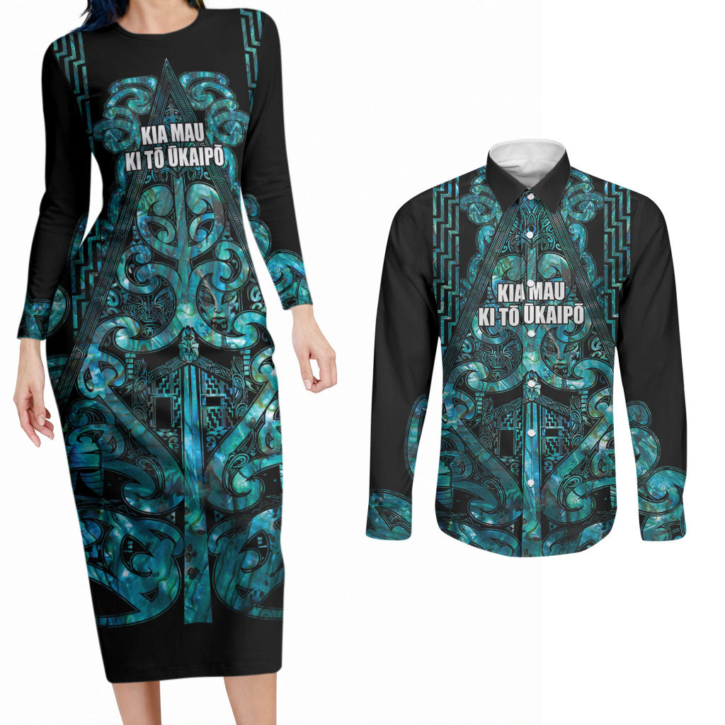 Maori Language Week Personalised Couples Matching Long Sleeve Bodycon Dress and Long Sleeve Button Shirt Kia Mau Ki To Ukaipo Paua Shell Color LT14 Turquoise - Polynesian Pride
