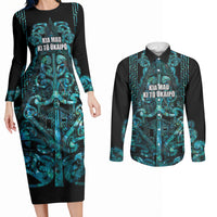Maori Language Week Personalised Couples Matching Long Sleeve Bodycon Dress and Long Sleeve Button Shirt Kia Mau Ki To Ukaipo Paua Shell Color LT14 Turquoise - Polynesian Pride