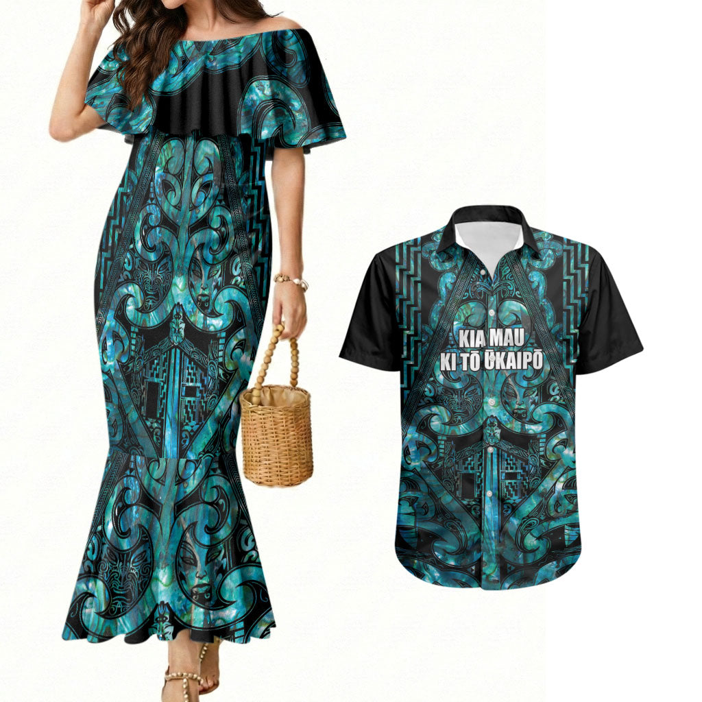 Maori Language Week Personalised Couples Matching Mermaid Dress and Hawaiian Shirt Kia Mau Ki To Ukaipo Paua Shell Color LT14 Turquoise - Polynesian Pride