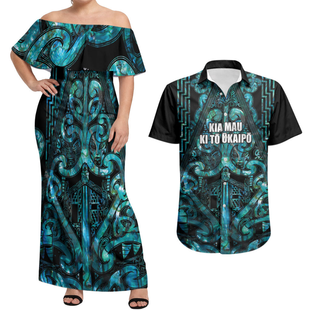 Maori Language Week Personalised Couples Matching Off Shoulder Maxi Dress and Hawaiian Shirt Kia Mau Ki To Ukaipo Paua Shell Color LT14 Turquoise - Polynesian Pride