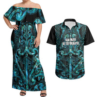 Maori Language Week Personalised Couples Matching Off Shoulder Maxi Dress and Hawaiian Shirt Kia Mau Ki To Ukaipo Paua Shell Color LT14 Turquoise - Polynesian Pride
