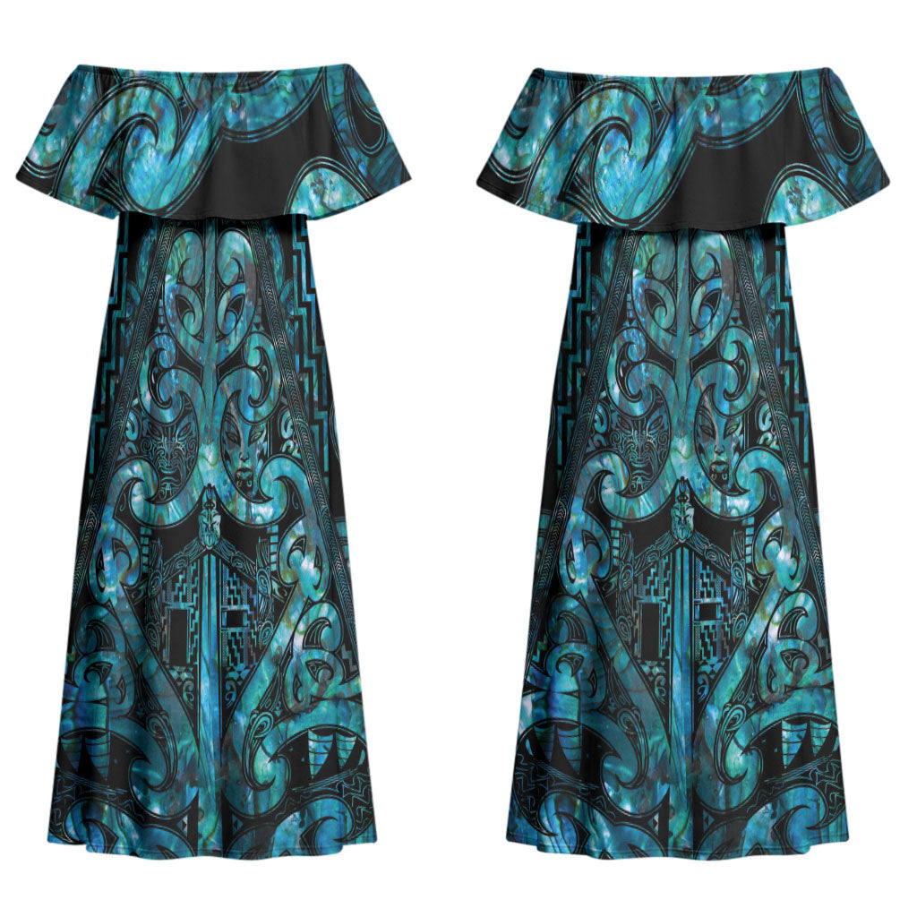 Maori Language Week Personalised Couples Matching Off Shoulder Maxi Dress and Hawaiian Shirt Kia Mau Ki To Ukaipo Paua Shell Color LT14 - Polynesian Pride