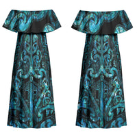 Maori Language Week Personalised Couples Matching Off Shoulder Maxi Dress and Hawaiian Shirt Kia Mau Ki To Ukaipo Paua Shell Color LT14 - Polynesian Pride