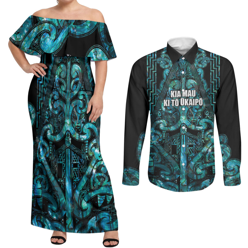 Maori Language Week Personalised Couples Matching Off Shoulder Maxi Dress and Long Sleeve Button Shirt Kia Mau Ki To Ukaipo Paua Shell Color LT14 Turquoise - Polynesian Pride