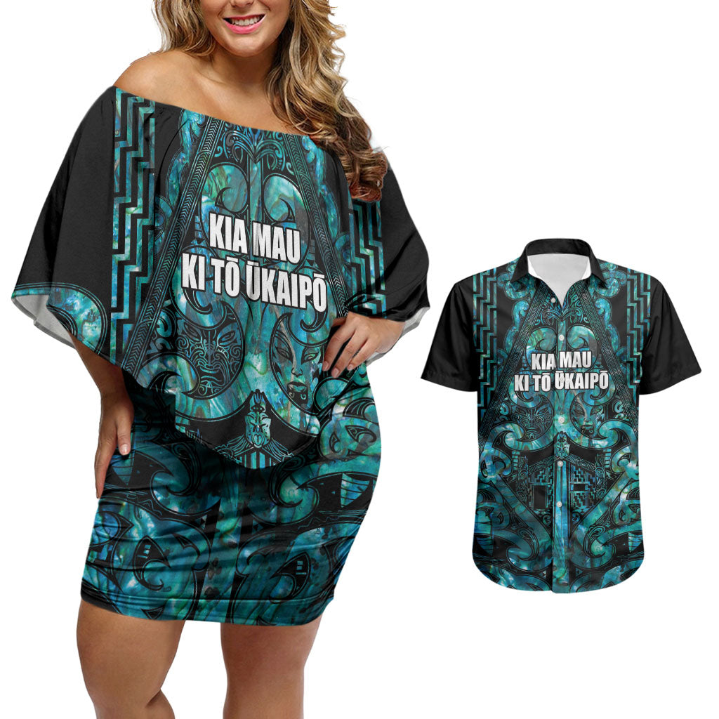 Maori Language Week Personalised Couples Matching Off Shoulder Short Dress and Hawaiian Shirt Kia Mau Ki To Ukaipo Paua Shell Color LT14 Turquoise - Polynesian Pride