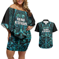 Maori Language Week Personalised Couples Matching Off Shoulder Short Dress and Hawaiian Shirt Kia Mau Ki To Ukaipo Paua Shell Color LT14 Turquoise - Polynesian Pride