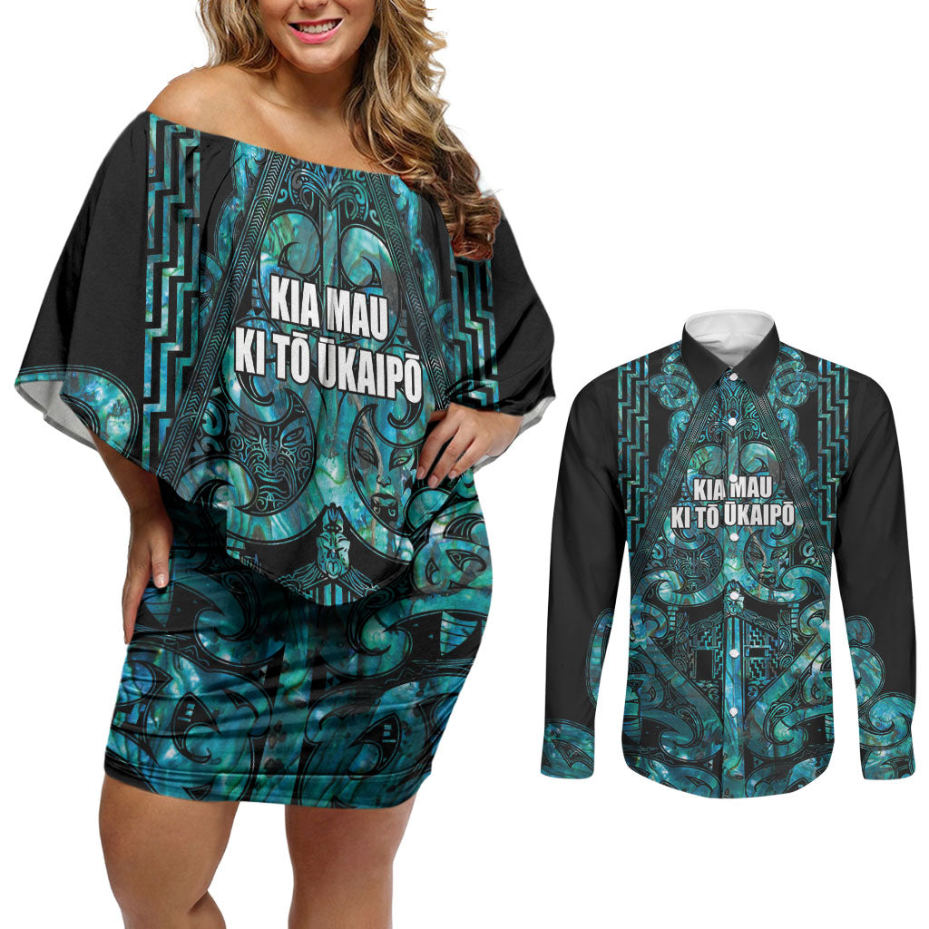 Maori Language Week Personalised Couples Matching Off Shoulder Short Dress and Long Sleeve Button Shirt Kia Mau Ki To Ukaipo Paua Shell Color LT14 Turquoise - Polynesian Pride