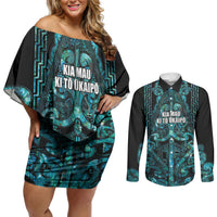 Maori Language Week Personalised Couples Matching Off Shoulder Short Dress and Long Sleeve Button Shirt Kia Mau Ki To Ukaipo Paua Shell Color LT14 Turquoise - Polynesian Pride
