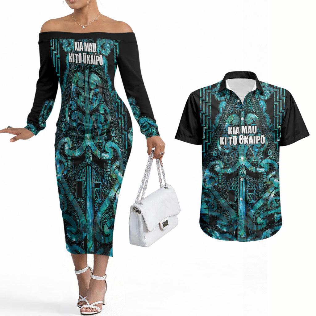 Maori Language Week Personalised Couples Matching Off The Shoulder Long Sleeve Dress and Hawaiian Shirt Kia Mau Ki To Ukaipo Paua Shell Color LT14 Turquoise - Polynesian Pride