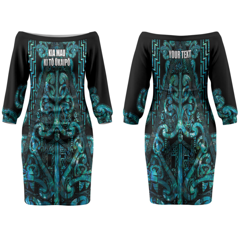 Maori Language Week Personalised Couples Matching Off The Shoulder Long Sleeve Dress and Hawaiian Shirt Kia Mau Ki To Ukaipo Paua Shell Color LT14 - Polynesian Pride