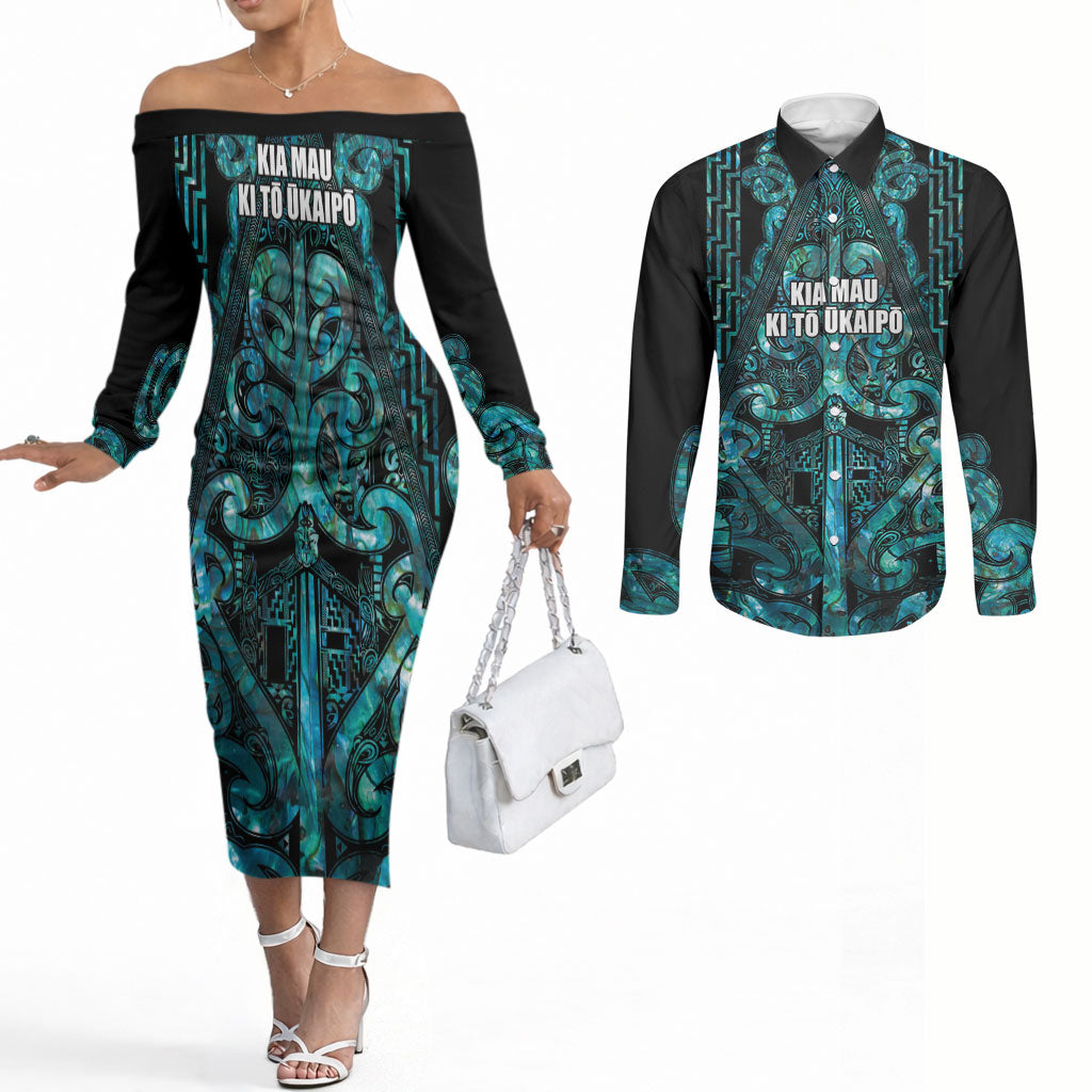 Maori Language Week Personalised Couples Matching Off The Shoulder Long Sleeve Dress and Long Sleeve Button Shirt Kia Mau Ki To Ukaipo Paua Shell Color LT14 Turquoise - Polynesian Pride