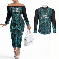 Maori Language Week Personalised Couples Matching Off The Shoulder Long Sleeve Dress and Long Sleeve Button Shirt Kia Mau Ki To Ukaipo Paua Shell Color LT14 Turquoise - Polynesian Pride