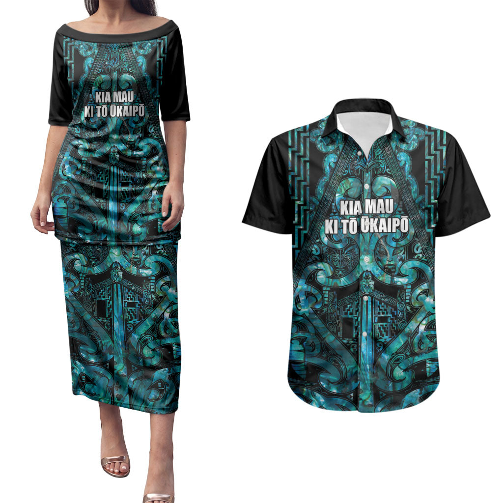 Maori Language Week Personalised Couples Matching Puletasi and Hawaiian Shirt Kia Mau Ki To Ukaipo Paua Shell Color LT14 Turquoise - Polynesian Pride