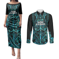 Maori Language Week Personalised Couples Matching Puletasi and Long Sleeve Button Shirt Kia Mau Ki To Ukaipo Paua Shell Color LT14 Turquoise - Polynesian Pride