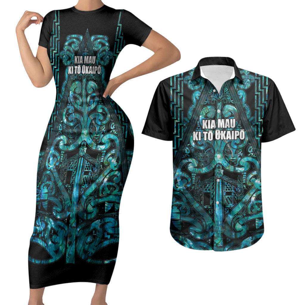 Maori Language Week Personalised Couples Matching Short Sleeve Bodycon Dress and Hawaiian Shirt Kia Mau Ki To Ukaipo Paua Shell Color LT14 Turquoise - Polynesian Pride