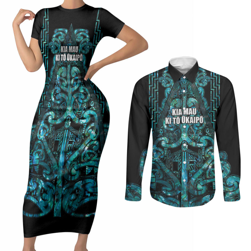 Maori Language Week Personalised Couples Matching Short Sleeve Bodycon Dress and Long Sleeve Button Shirt Kia Mau Ki To Ukaipo Paua Shell Color LT14 Turquoise - Polynesian Pride