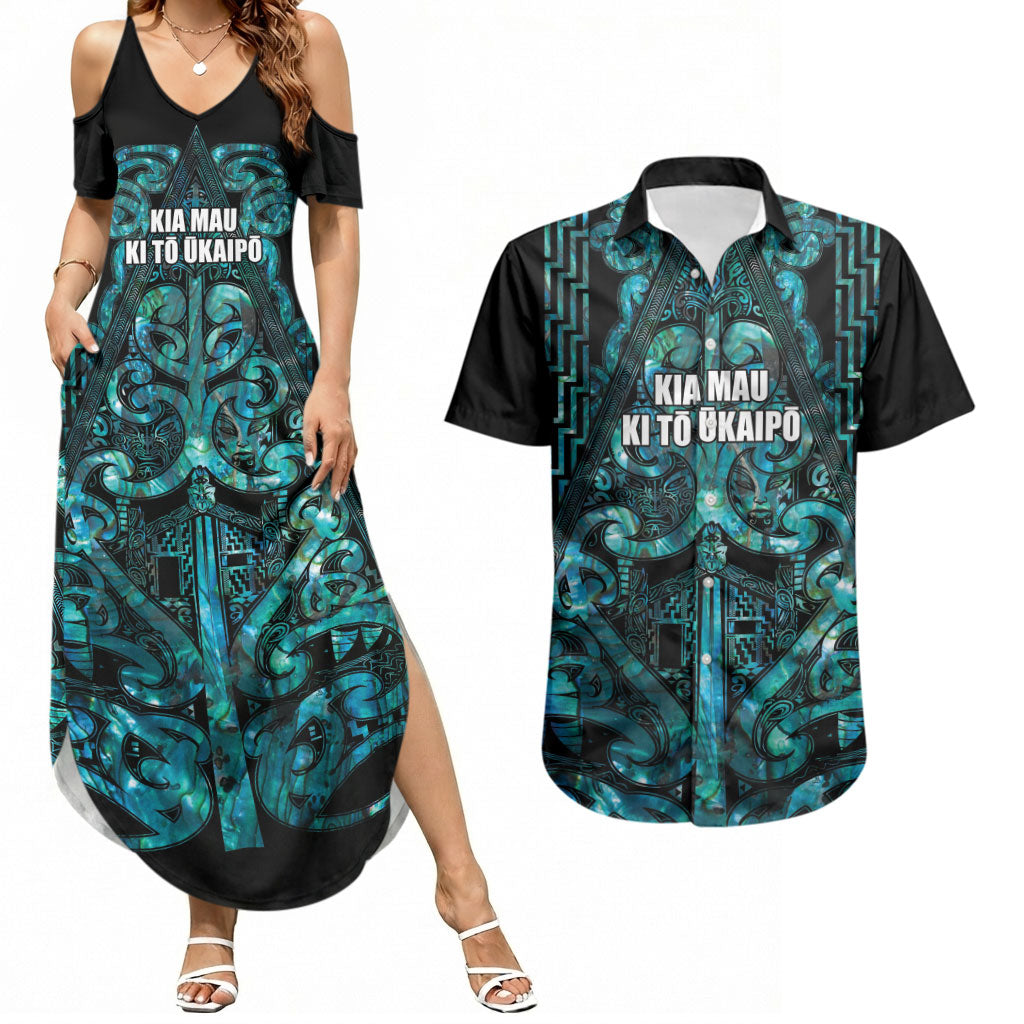 Maori Language Week Personalised Couples Matching Summer Maxi Dress and Hawaiian Shirt Kia Mau Ki To Ukaipo Paua Shell Color LT14 Turquoise - Polynesian Pride