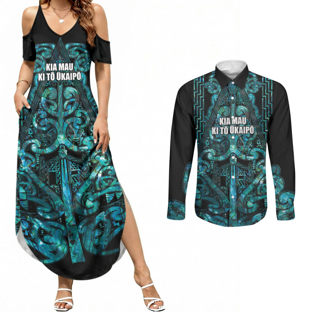 Maori Language Week Personalised Couples Matching Summer Maxi Dress and Long Sleeve Button Shirt Kia Mau Ki To Ukaipo Paua Shell Color LT14 Turquoise - Polynesian Pride