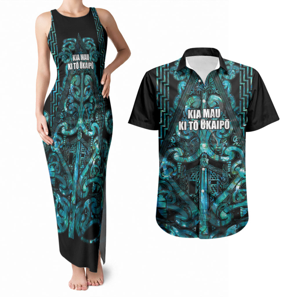 Maori Language Week Personalised Couples Matching Tank Maxi Dress and Hawaiian Shirt Kia Mau Ki To Ukaipo Paua Shell Color LT14 Turquoise - Polynesian Pride