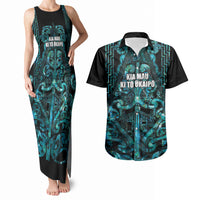 Maori Language Week Personalised Couples Matching Tank Maxi Dress and Hawaiian Shirt Kia Mau Ki To Ukaipo Paua Shell Color LT14 Turquoise - Polynesian Pride