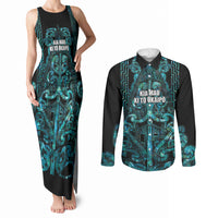 Maori Language Week Personalised Couples Matching Tank Maxi Dress and Long Sleeve Button Shirt Kia Mau Ki To Ukaipo Paua Shell Color LT14 Turquoise - Polynesian Pride