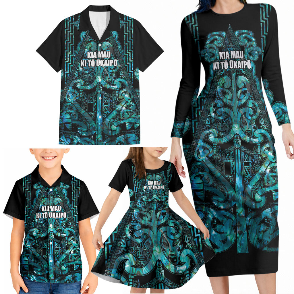 Maori Language Week Personalised Family Matching Long Sleeve Bodycon Dress and Hawaiian Shirt Kia Mau Ki To Ukaipo Paua Shell Color LT14 - Polynesian Pride