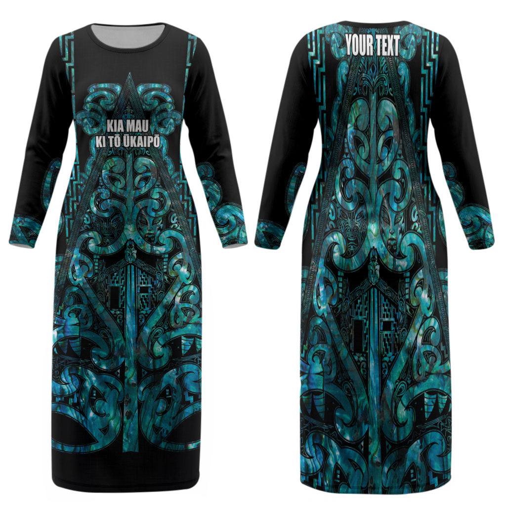 Maori Language Week Personalised Family Matching Long Sleeve Bodycon Dress and Hawaiian Shirt Kia Mau Ki To Ukaipo Paua Shell Color LT14 Mom's Dress Turquoise - Polynesian Pride