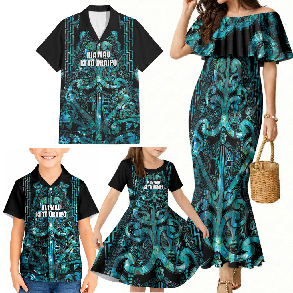 Maori Language Week Personalised Family Matching Mermaid Dress and Hawaiian Shirt Kia Mau Ki To Ukaipo Paua Shell Color LT14 - Polynesian Pride