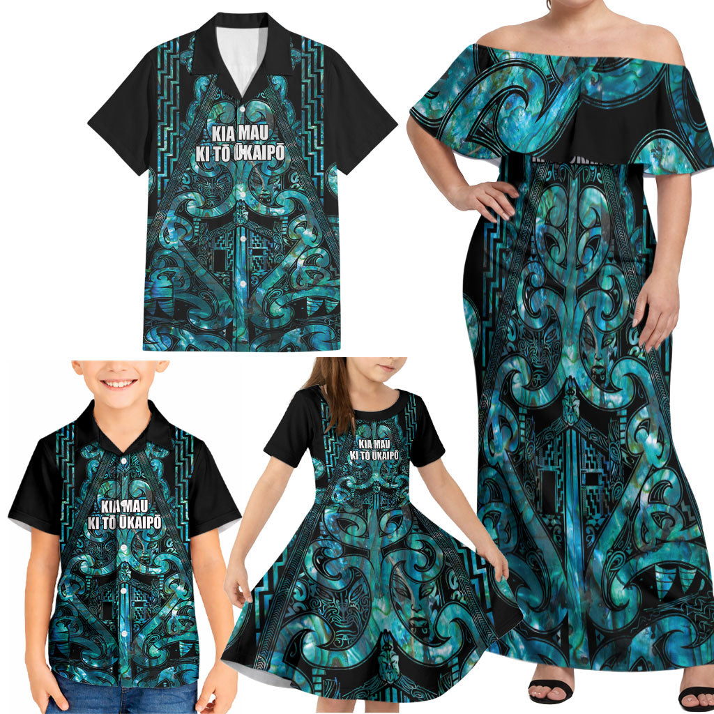 Maori Language Week Personalised Family Matching Off Shoulder Maxi Dress and Hawaiian Shirt Kia Mau Ki To Ukaipo Paua Shell Color LT14 - Polynesian Pride