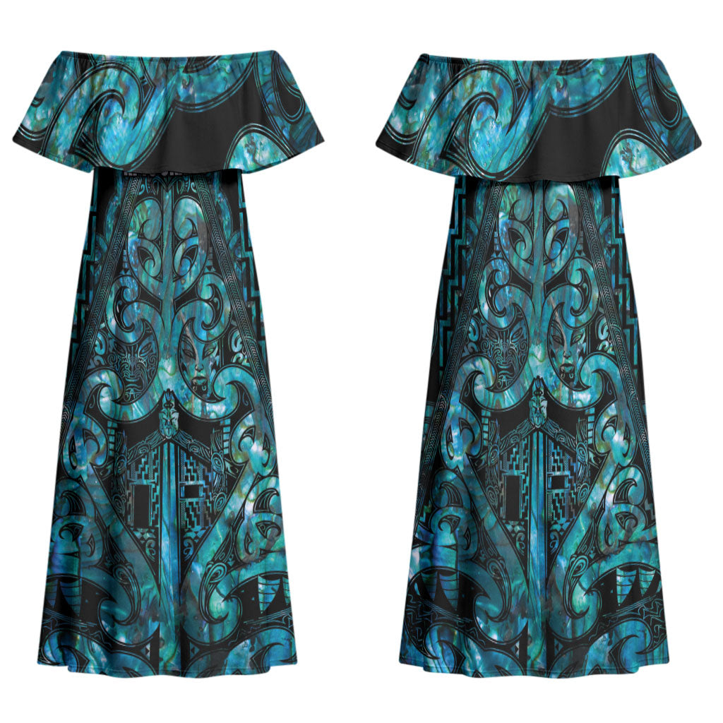 Maori Language Week Personalised Family Matching Off Shoulder Maxi Dress and Hawaiian Shirt Kia Mau Ki To Ukaipo Paua Shell Color LT14 Mom's Dress Turquoise - Polynesian Pride