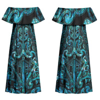 Maori Language Week Personalised Family Matching Off Shoulder Maxi Dress and Hawaiian Shirt Kia Mau Ki To Ukaipo Paua Shell Color LT14 Mom's Dress Turquoise - Polynesian Pride