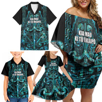 Maori Language Week Personalised Family Matching Off Shoulder Short Dress and Hawaiian Shirt Kia Mau Ki To Ukaipo Paua Shell Color LT14 - Polynesian Pride