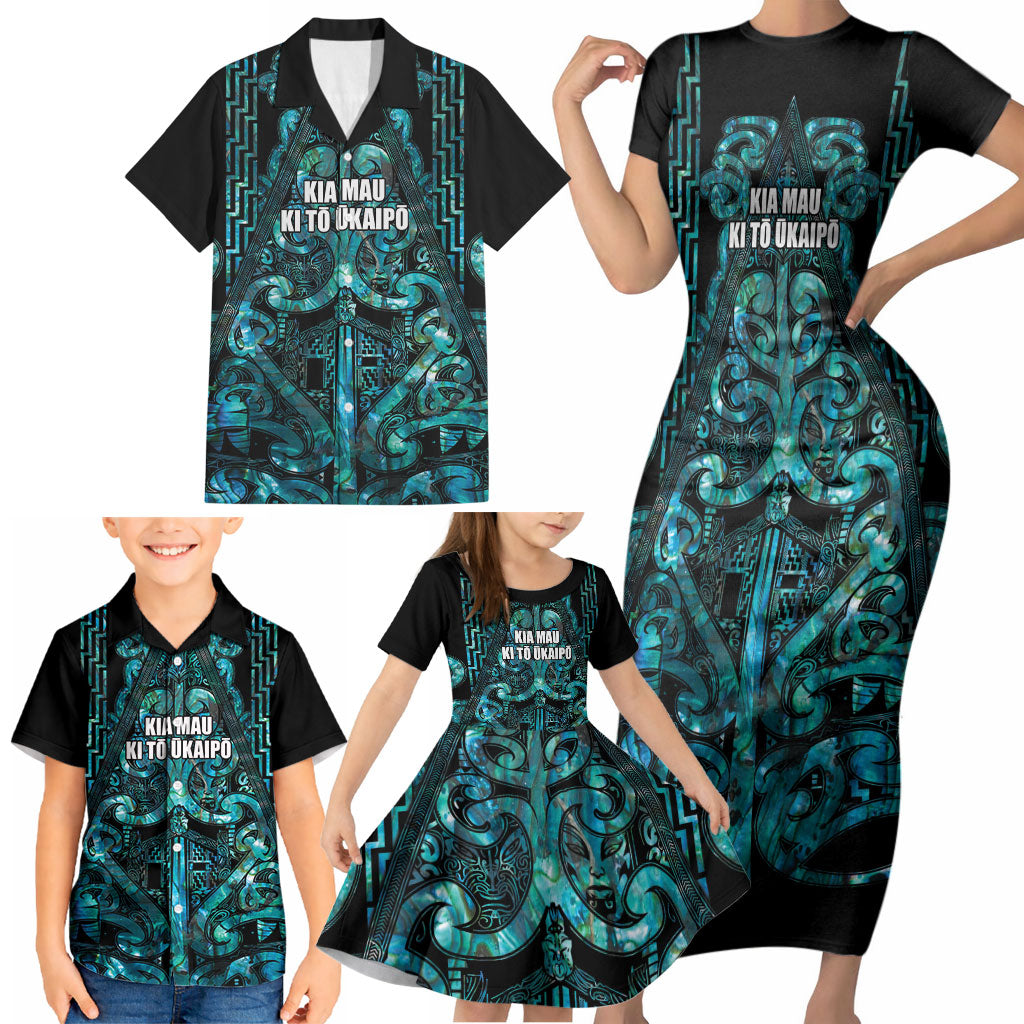 Maori Language Week Personalised Family Matching Short Sleeve Bodycon Dress and Hawaiian Shirt Kia Mau Ki To Ukaipo Paua Shell Color LT14 - Polynesian Pride