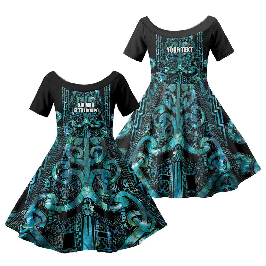 Maori Language Week Personalised Family Matching Short Sleeve Bodycon Dress and Hawaiian Shirt Kia Mau Ki To Ukaipo Paua Shell Color LT14 Daughter's Dress Turquoise - Polynesian Pride