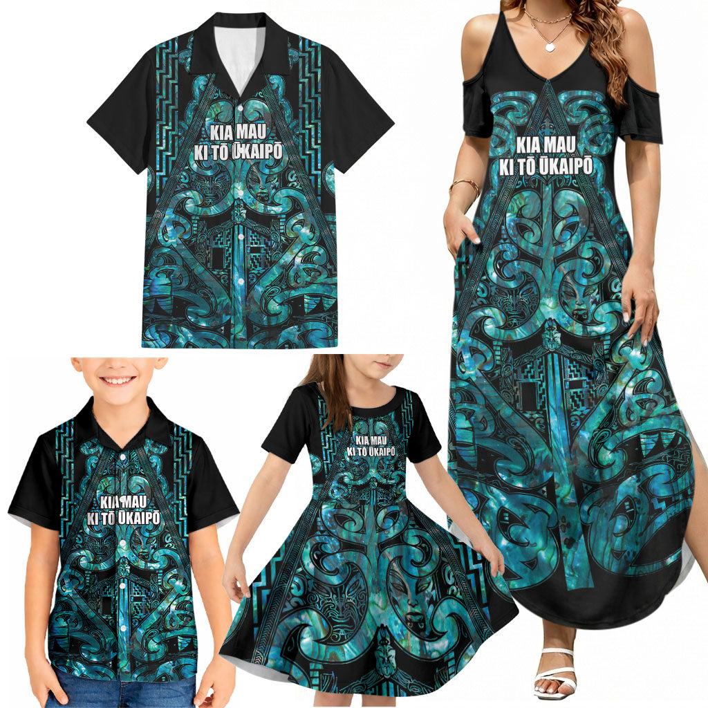Maori Language Week Personalised Family Matching Summer Maxi Dress and Hawaiian Shirt Kia Mau Ki To Ukaipo Paua Shell Color LT14 - Polynesian Pride
