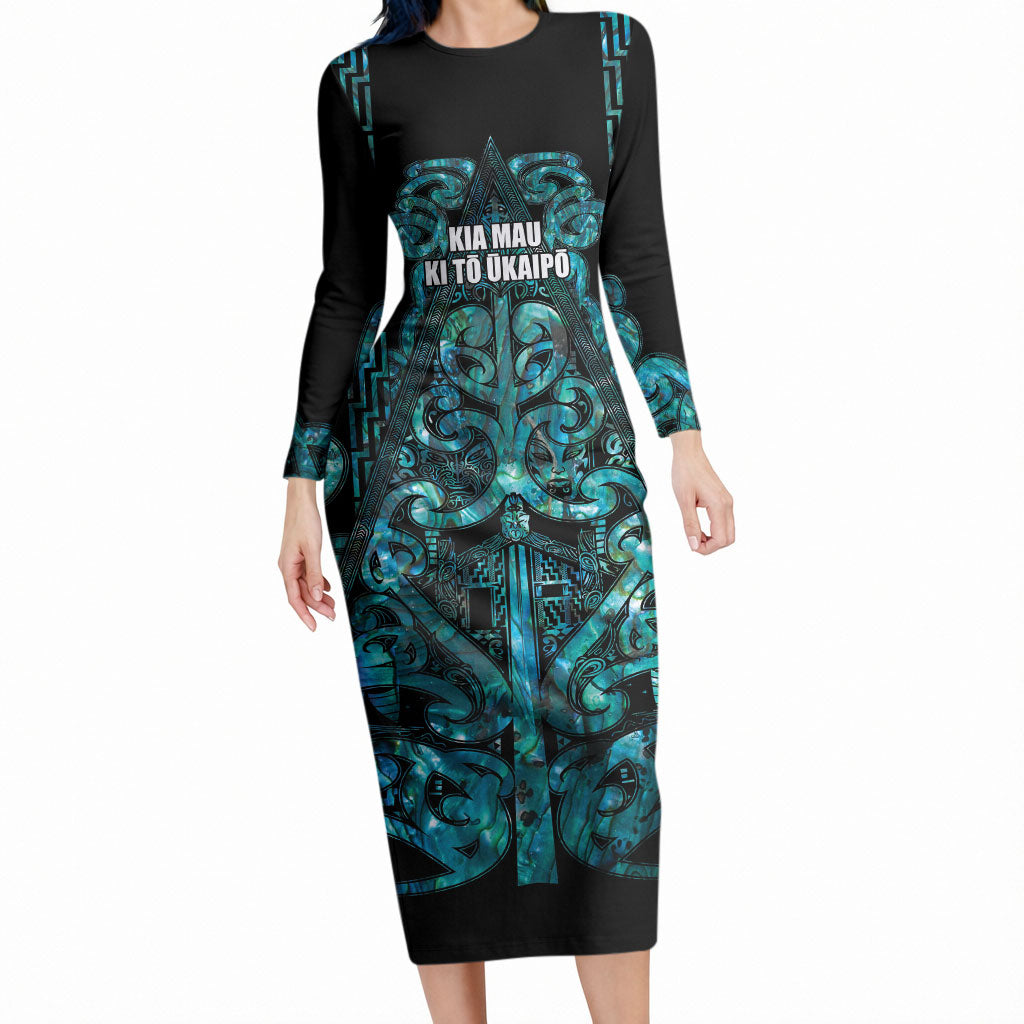Maori Language Week Personalised Long Sleeve Bodycon Dress Kia Mau Ki To Ukaipo Paua Shell Color LT14 Long Dress Turquoise - Polynesian Pride